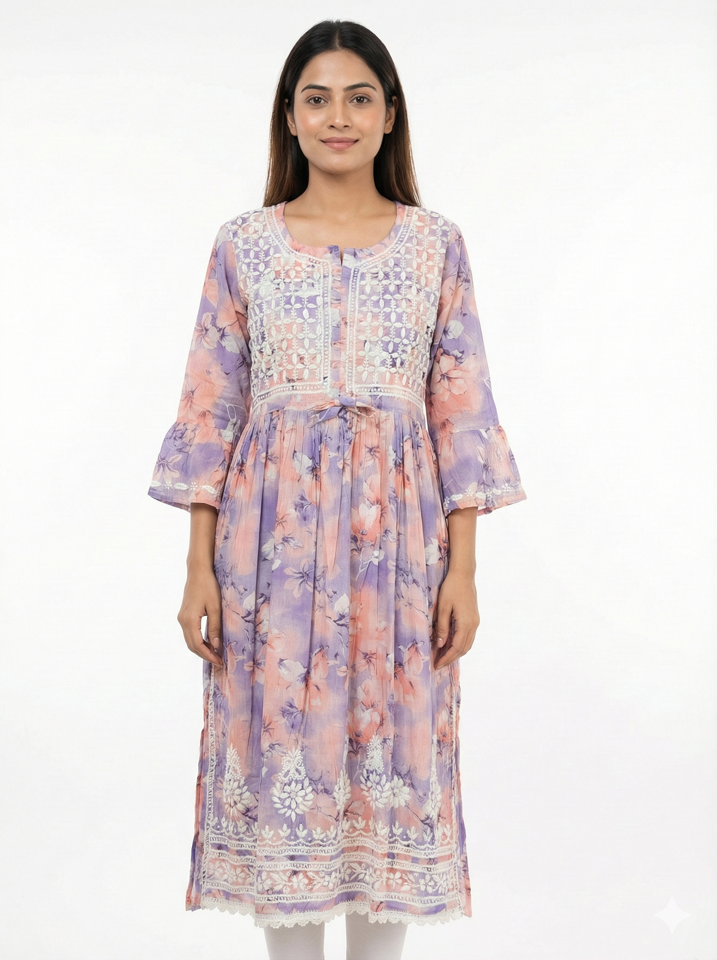Lavender Peach Floral Malmal Chikankari Gown for Women – Hand Embroidered Lucknowi Style | LucknowBestChikankari
