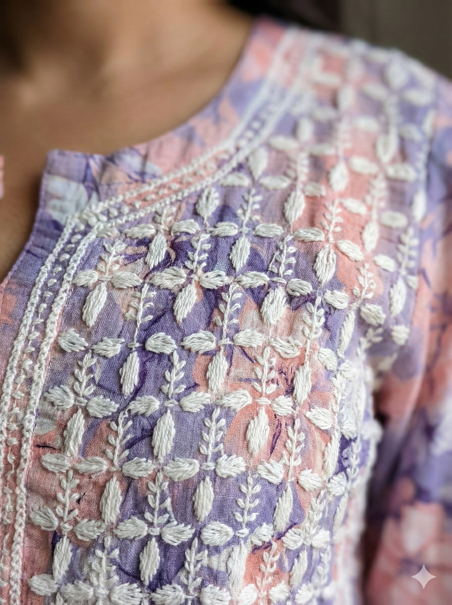 Lavender Peach Floral Malmal Chikankari Gown for Women – Hand Embroidered Lucknowi Style | LucknowBestChikankari