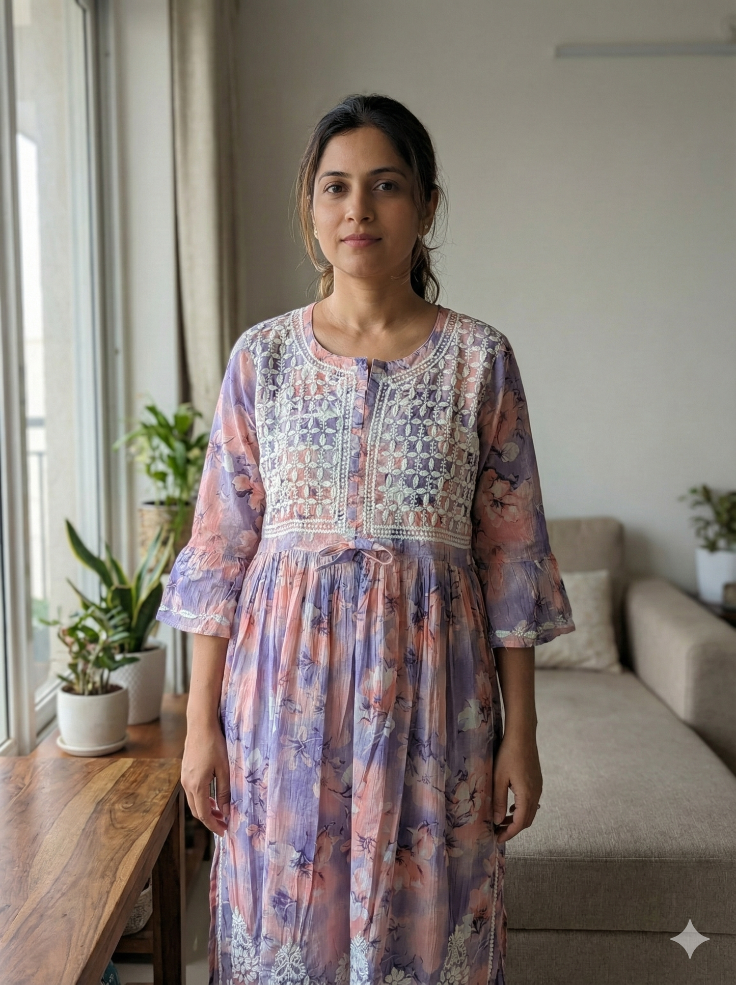 Lavender Peach Floral Malmal Chikankari Gown for Women – Hand Embroidered Lucknowi Style | LucknowBestChikankari