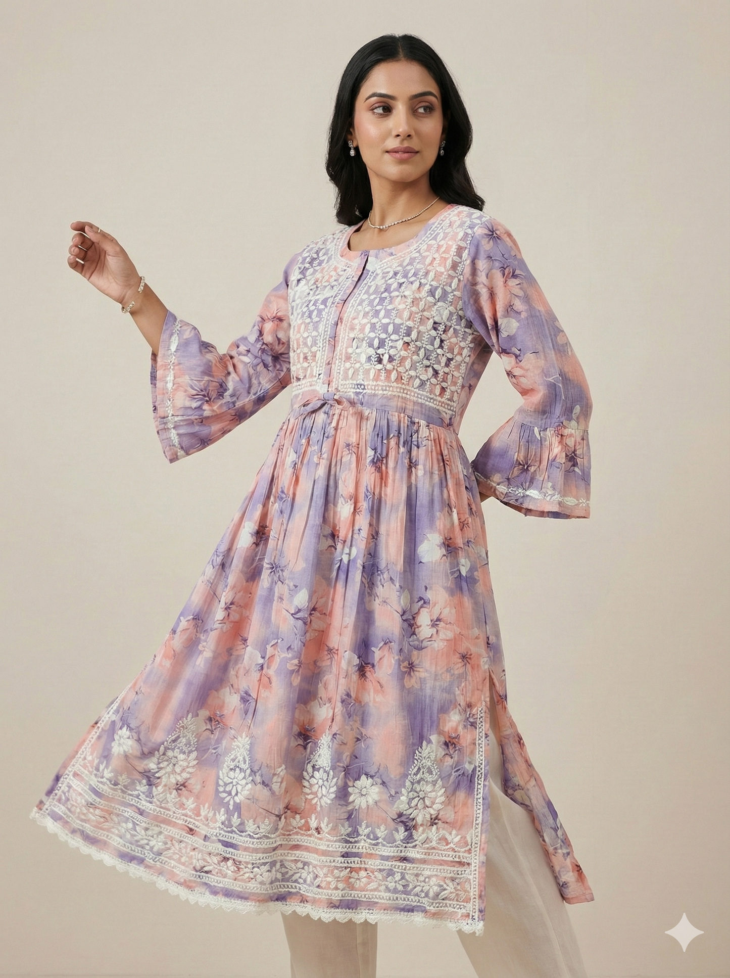 Lavender Peach Floral Malmal Chikankari Gown for Women – Hand Embroidered Lucknowi Style | LucknowBestChikankari
