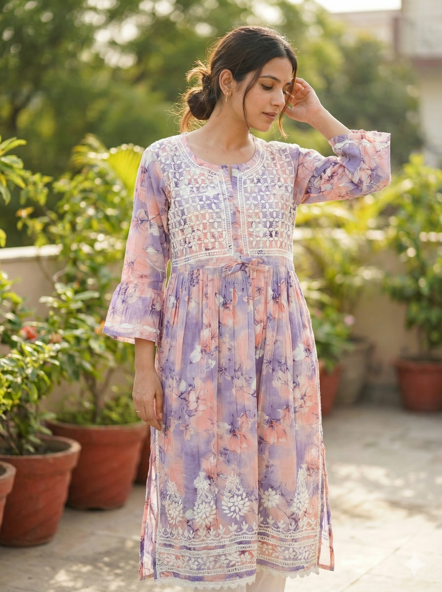 Lavender Peach Floral Malmal Chikankari Gown for Women – Hand Embroidered Lucknowi Style | LucknowBestChikankari