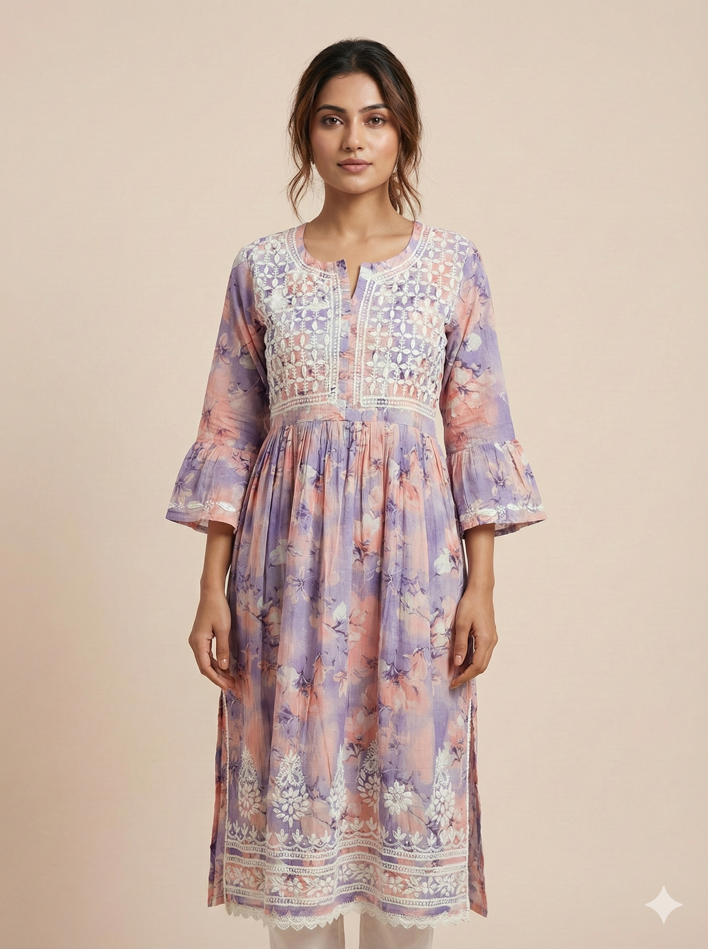 Lavender Peach Floral Malmal Chikankari Gown for Women – Hand Embroidered Lucknowi Style | LucknowBestChikankari