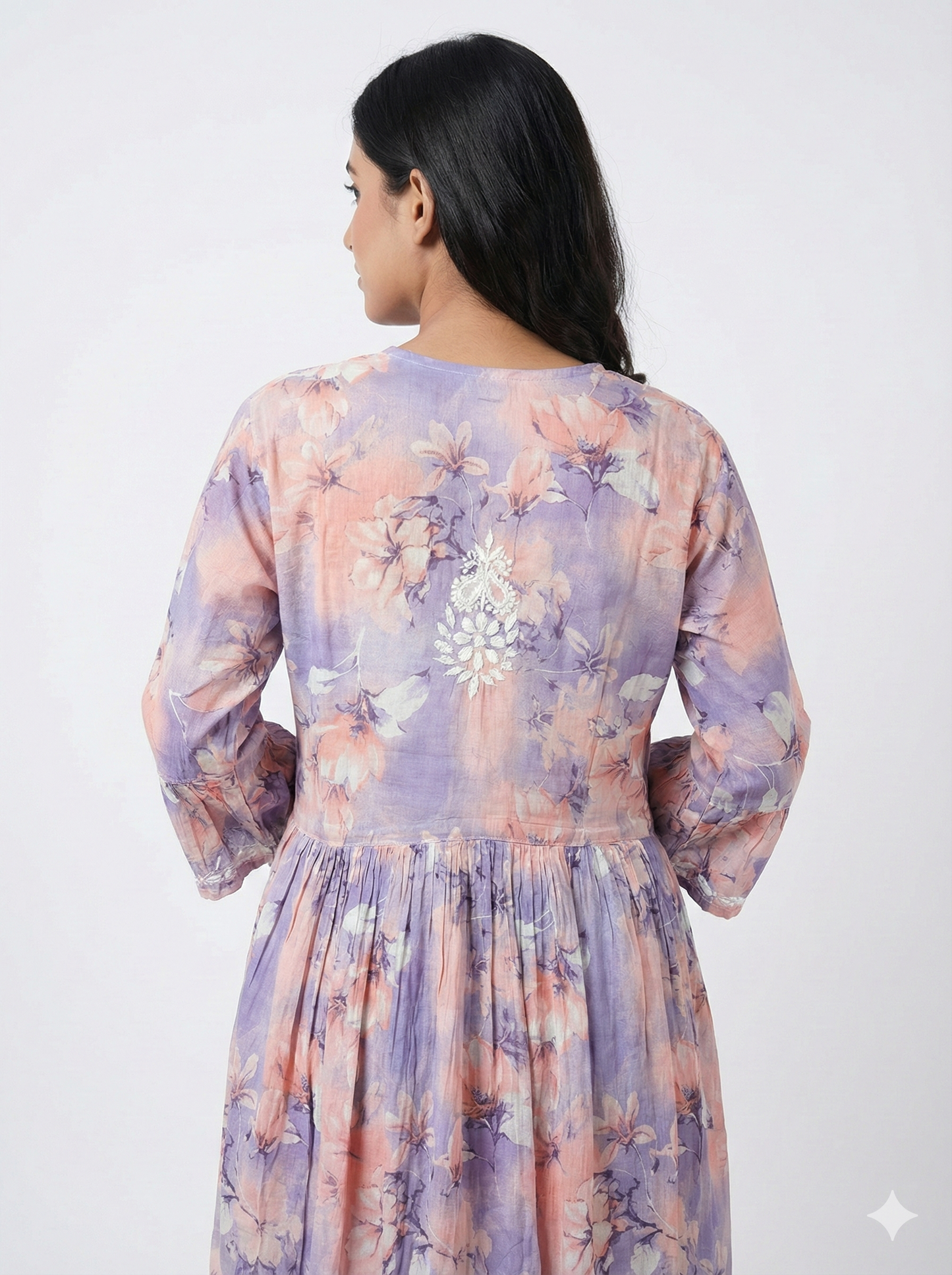 Lavender Peach Floral Malmal Chikankari Gown for Women – Hand Embroidered Lucknowi Style | LucknowBestChikankari