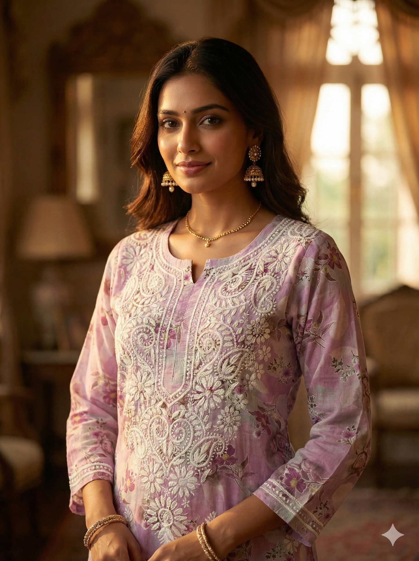 Lavender Floral Malmal Chikankari Kurti for Women – Hand Embroidered Lucknowi Kurti | LucknowBestChikankari