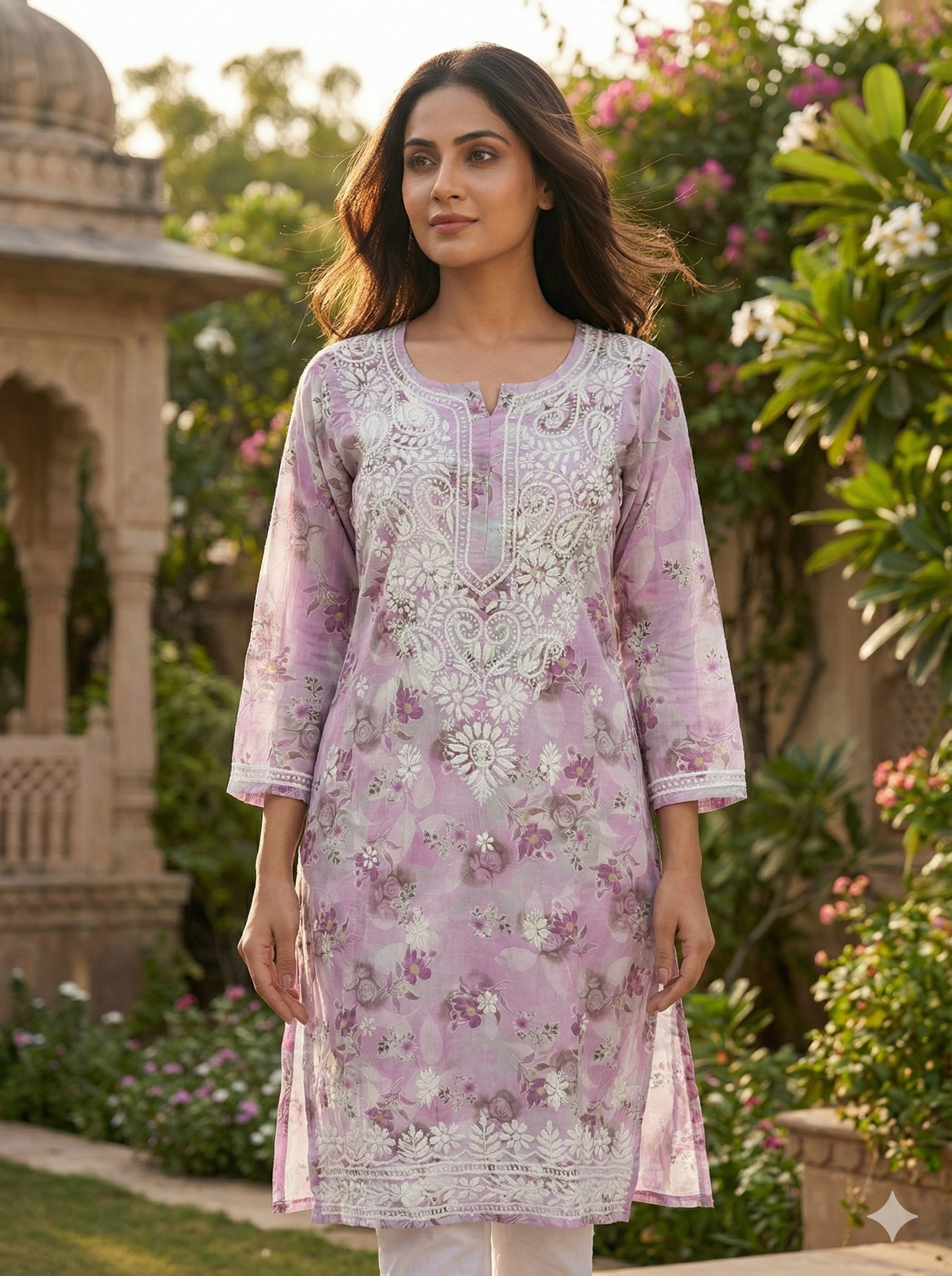 Lavender Floral Malmal Chikankari Kurti for Women – Hand Embroidered Lucknowi Kurti | LucknowBestChikankari