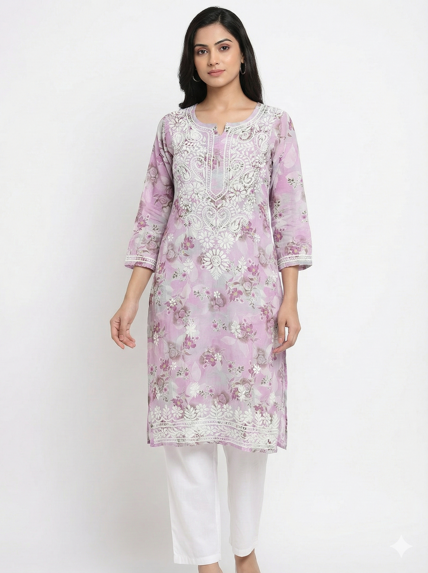 Lavender Floral Malmal Chikankari Kurti for Women – Hand Embroidered Lucknowi Kurti | LucknowBestChikankari