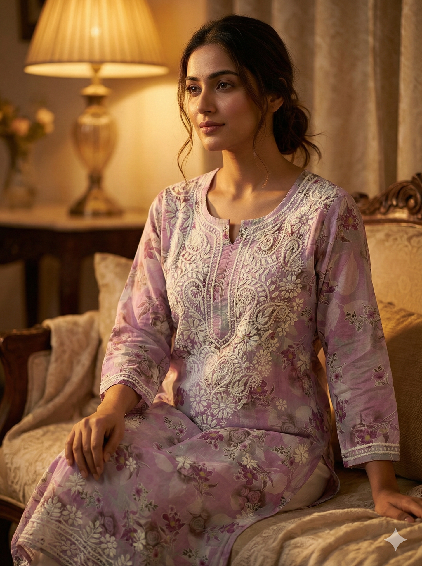 Lavender Floral Malmal Chikankari Kurti for Women – Hand Embroidered Lucknowi Kurti | LucknowBestChikankari