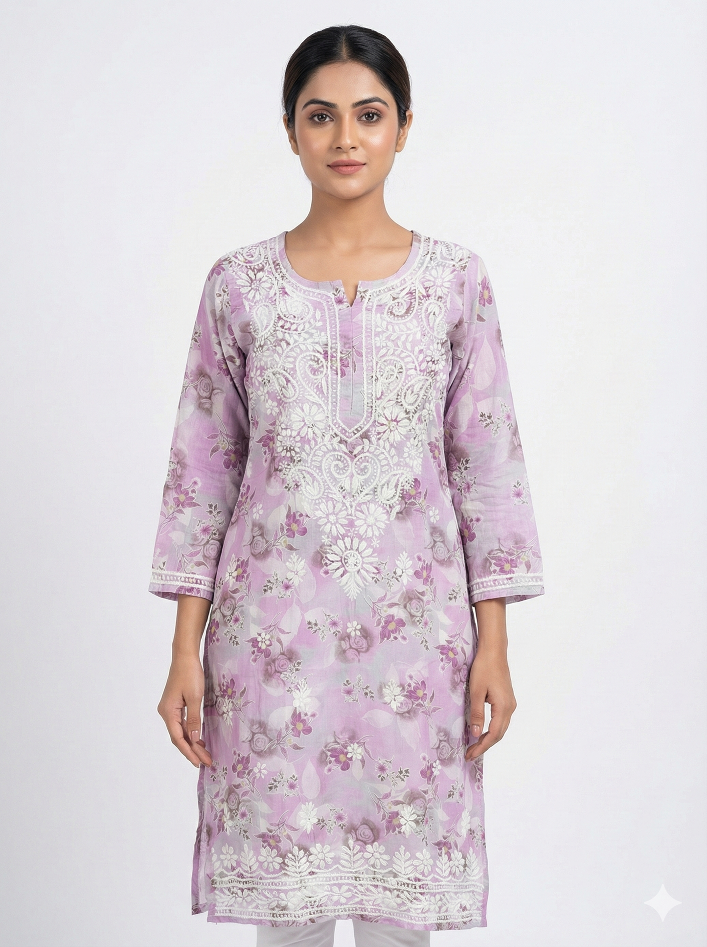 Lavender Floral Malmal Chikankari Kurti for Women – Hand Embroidered Lucknowi Kurti | LucknowBestChikankari