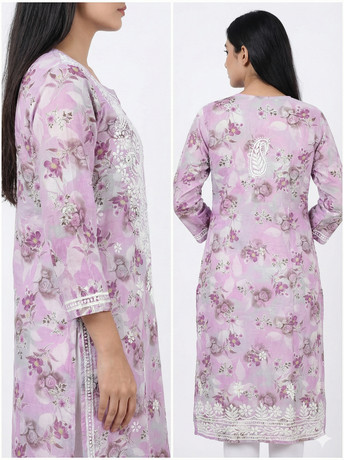 Lavender Floral Malmal Chikankari Kurti for Women – Hand Embroidered Lucknowi Kurti | LucknowBestChikankari