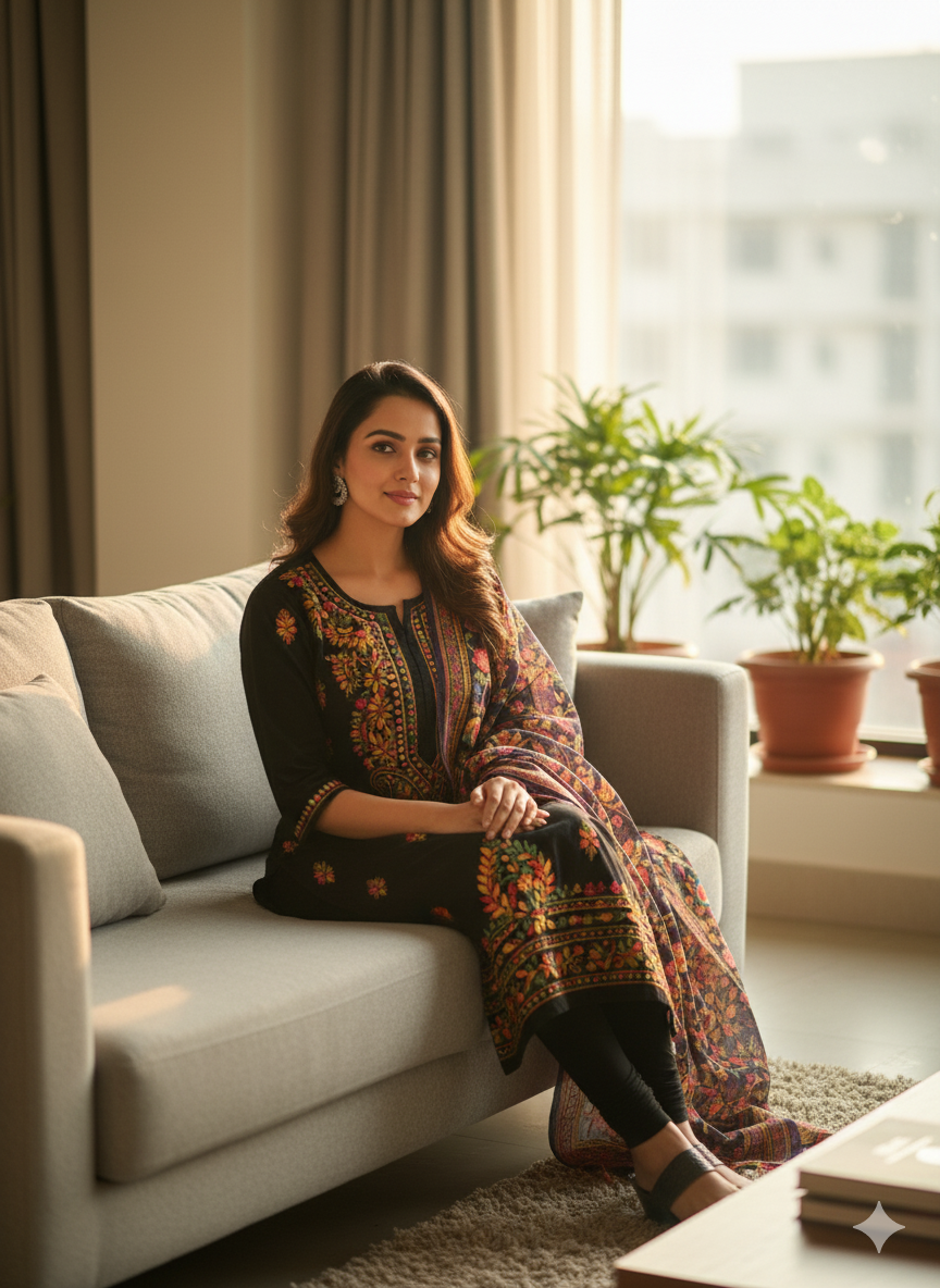 "Black Cotton Embroidered Kurti with Multicolor Floral Work | Festive & Party Wear Ethnic Kurta for Women"