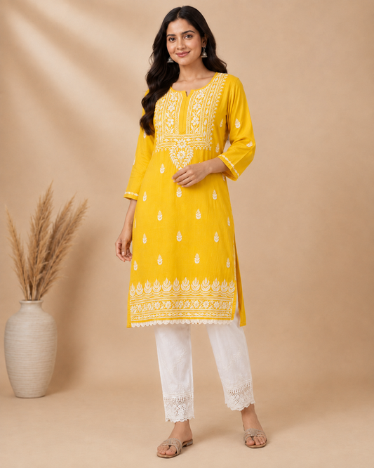 Mustard Yellow Rayon Lucknowi Chikankari Kurti for Women – Handmade White Embroidery