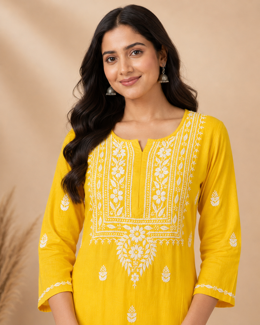 Mustard Yellow Rayon Lucknowi Chikankari Kurti for Women – Handmade White Embroidery