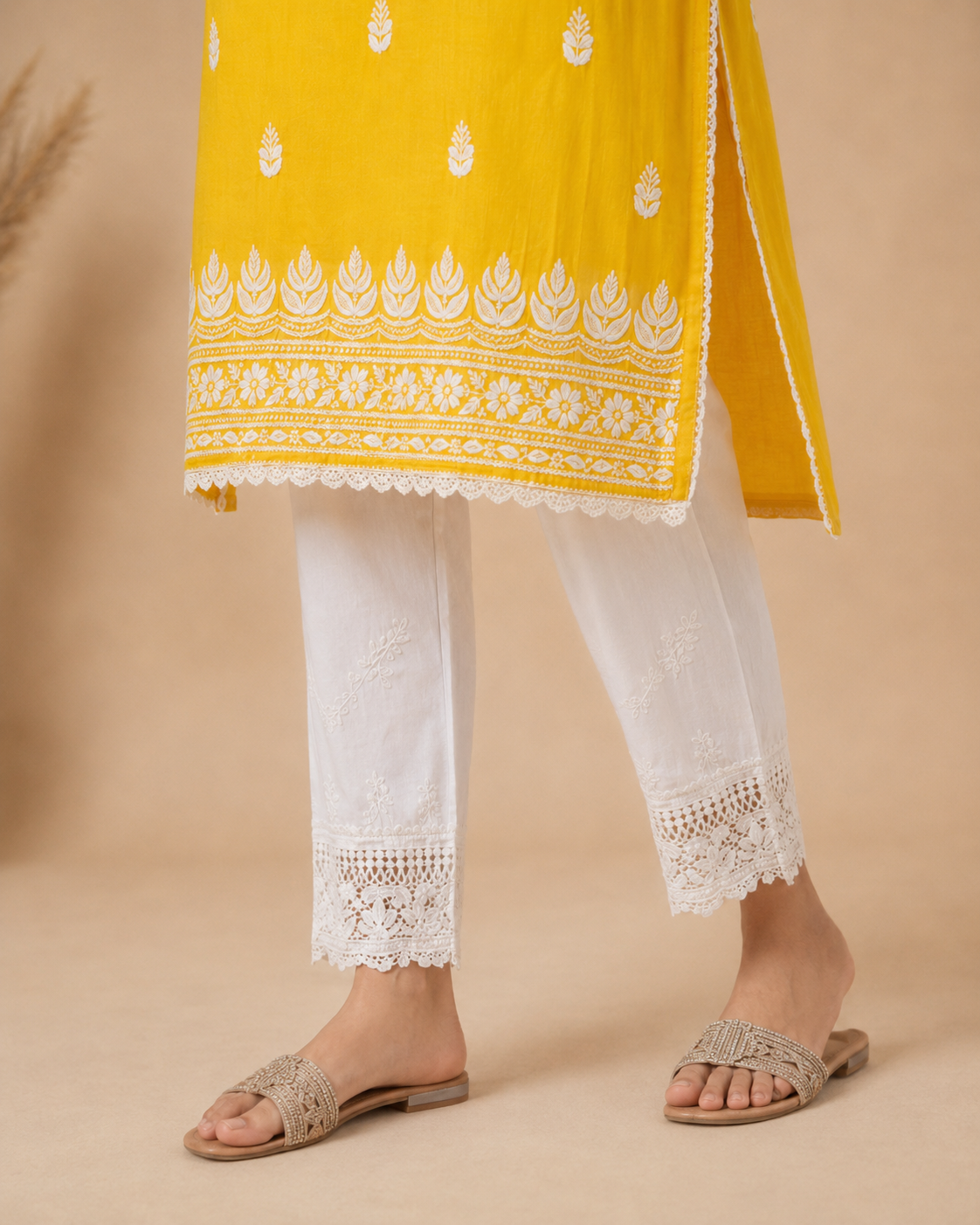 Mustard Yellow Rayon Lucknowi Chikankari Kurti for Women – Handmade White Embroidery