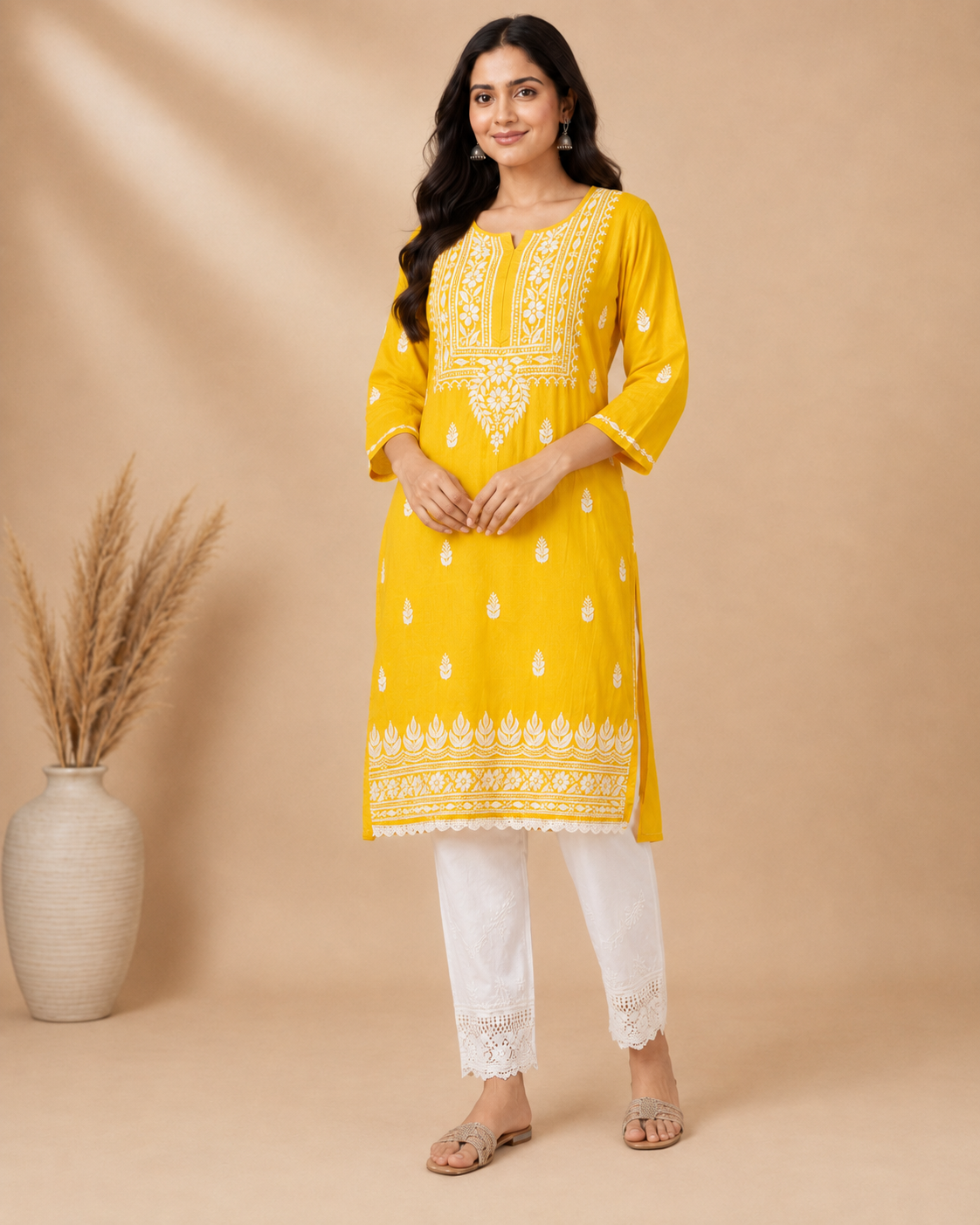 Mustard Yellow Rayon Lucknowi Chikankari Kurti for Women – Handmade White Embroidery