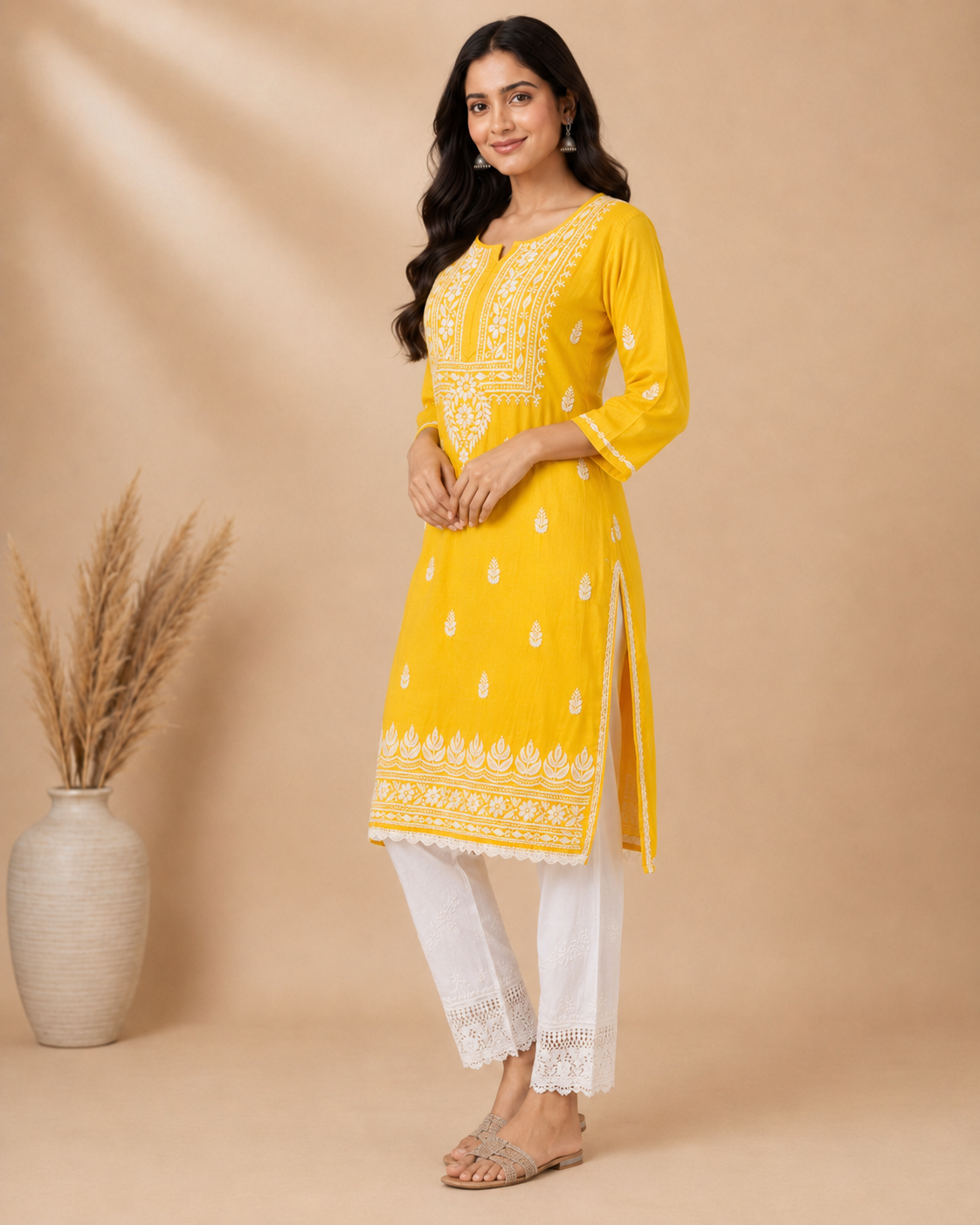 Mustard Yellow Rayon Lucknowi Chikankari Kurti for Women – Handmade White Embroidery