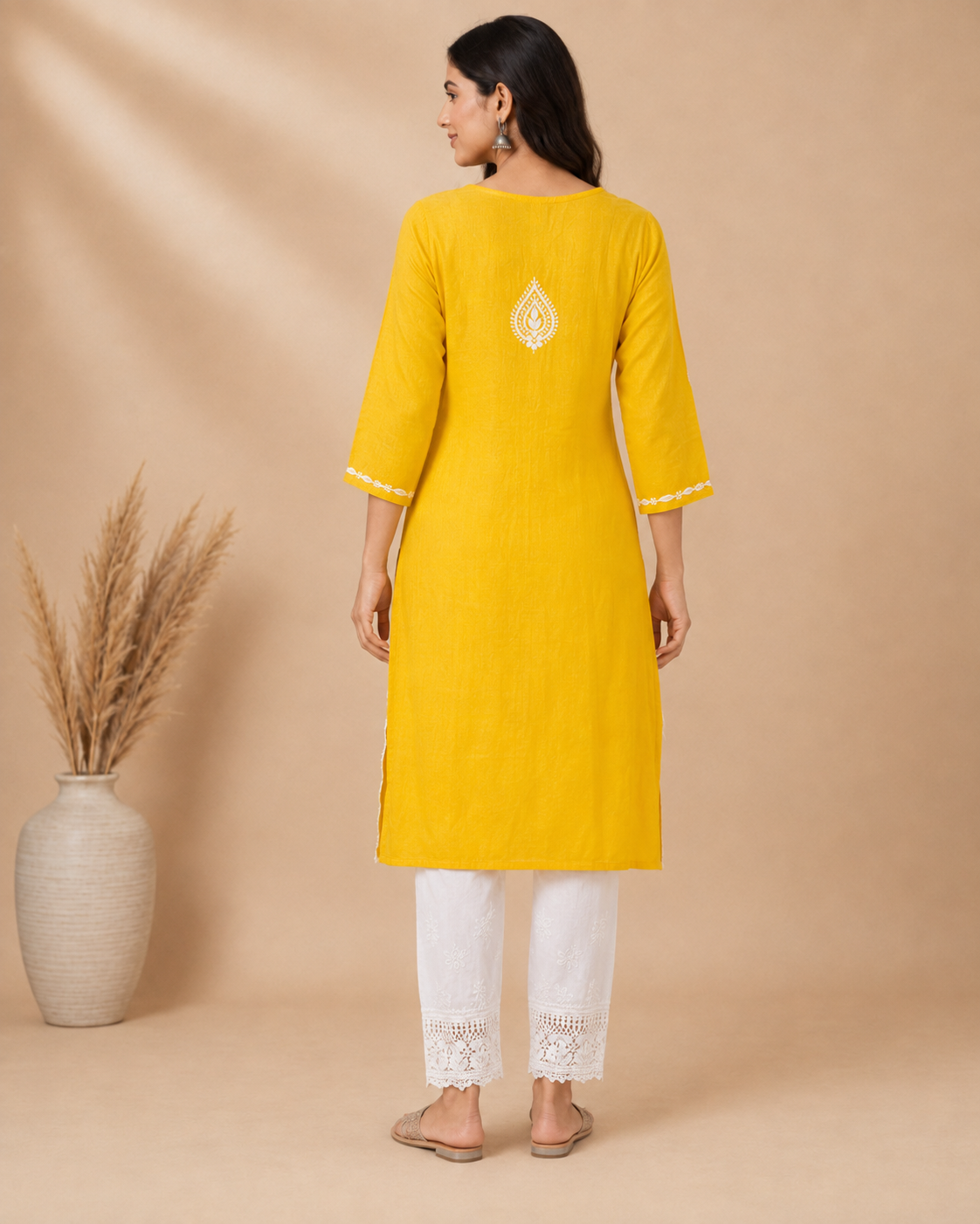 Mustard Yellow Rayon Lucknowi Chikankari Kurti for Women – Handmade White Embroidery