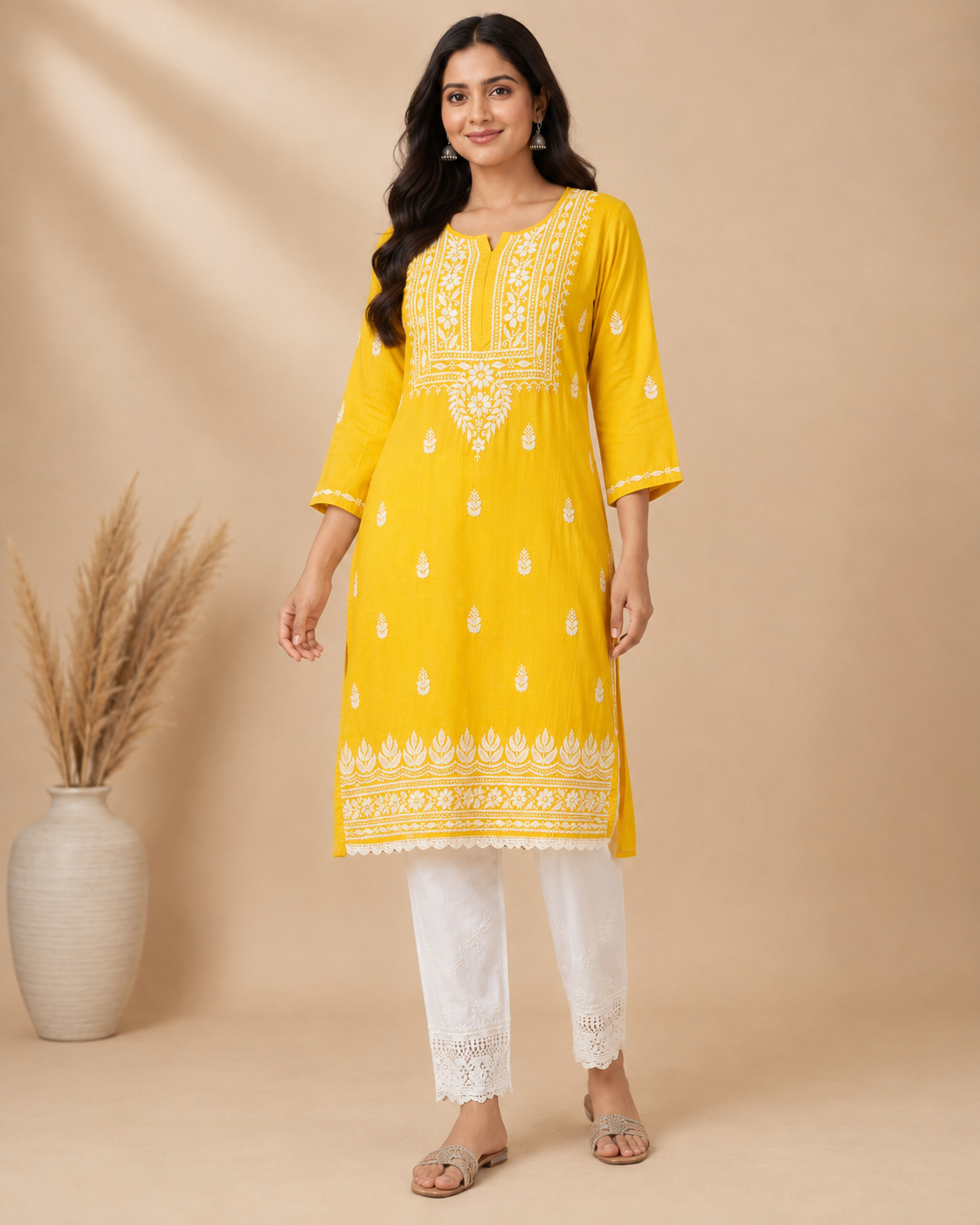 Mustard Yellow Rayon Lucknowi Chikankari Kurti for Women – Handmade White Embroidery
