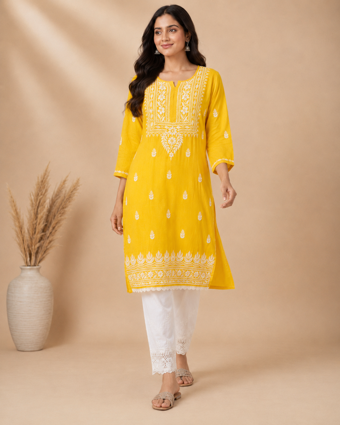 Mustard Yellow Rayon Lucknowi Chikankari Kurti for Women – Handmade White Embroidery