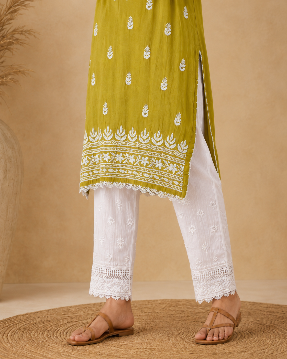 Olive Green Rayon Lucknowi Chikankari Kurti for Women – Handmade White Embroidery