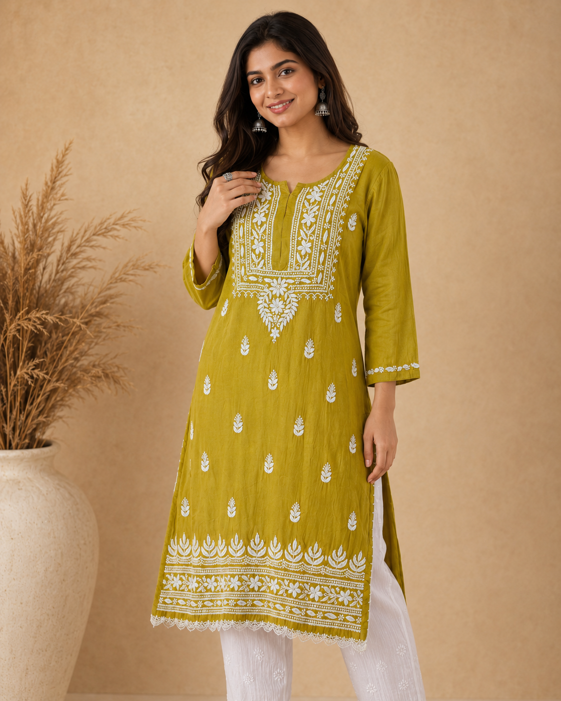 Olive Green Rayon Lucknowi Chikankari Kurti for Women – Handmade White Embroidery