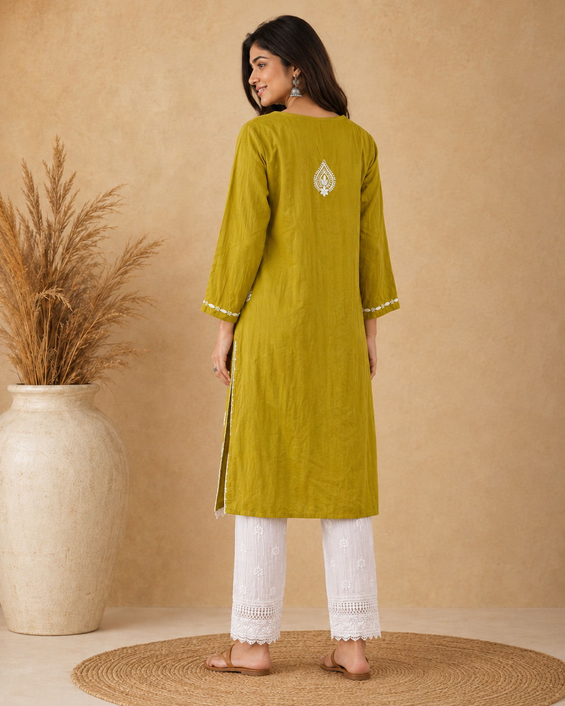 Olive Green Rayon Lucknowi Chikankari Kurti for Women – Handmade White Embroidery