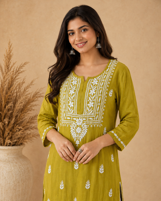 Olive Green Rayon Lucknowi Chikankari Kurti for Women – Handmade White Embroidery