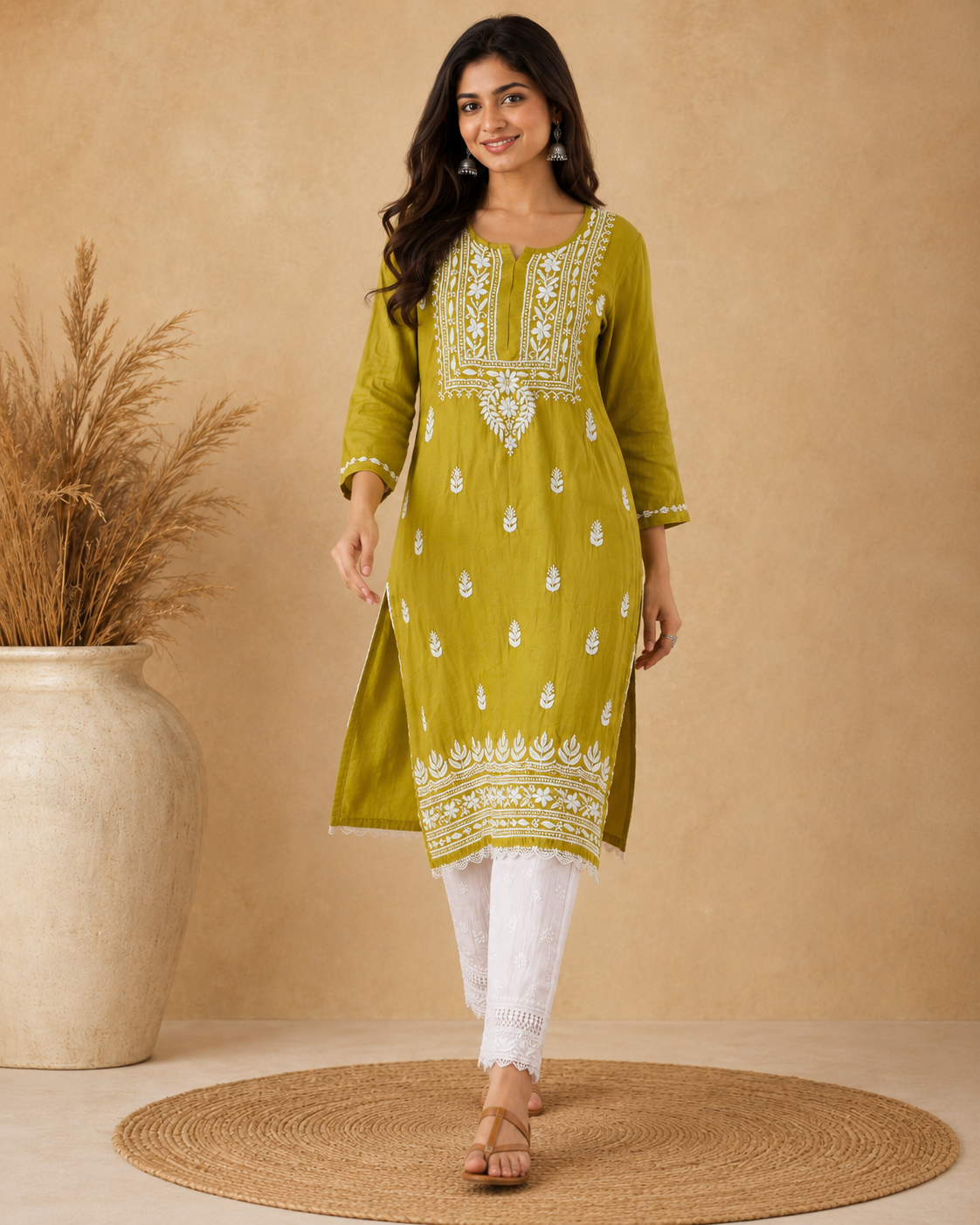Olive Green Rayon Lucknowi Chikankari Kurti for Women – Handmade White Embroidery
