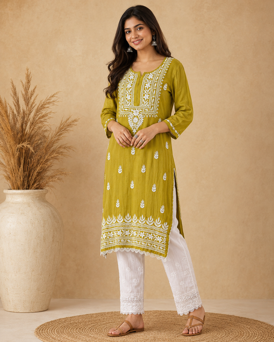 Olive Green Rayon Lucknowi Chikankari Kurti for Women – Handmade White Embroidery