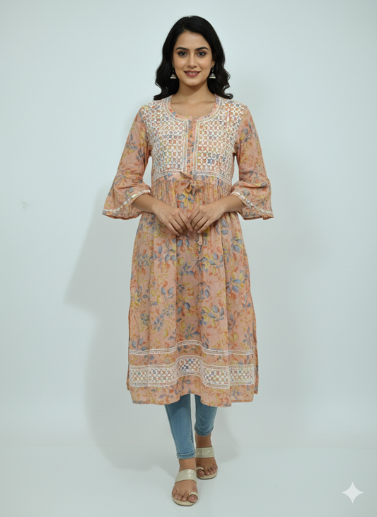 Women’s Peach Floral Printed Cotton Short Kurti with White Hand Chikankari Work, Round Neck, 3/4 Bell Sleeves – Perfect for Casual & Festive Wear