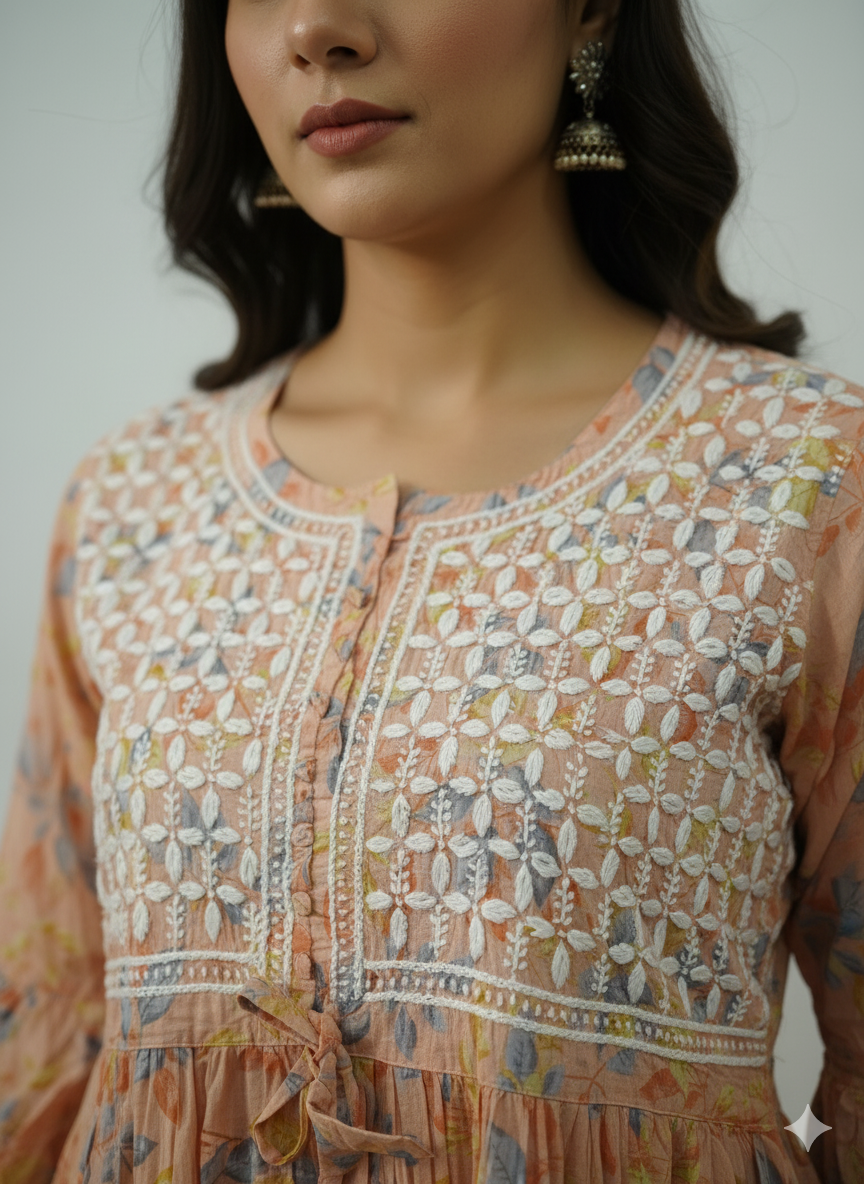 Women’s Peach Floral Printed Cotton Short Kurti with White Hand Chikankari Work, Round Neck, 3/4 Bell Sleeves – Perfect for Casual & Festive Wear