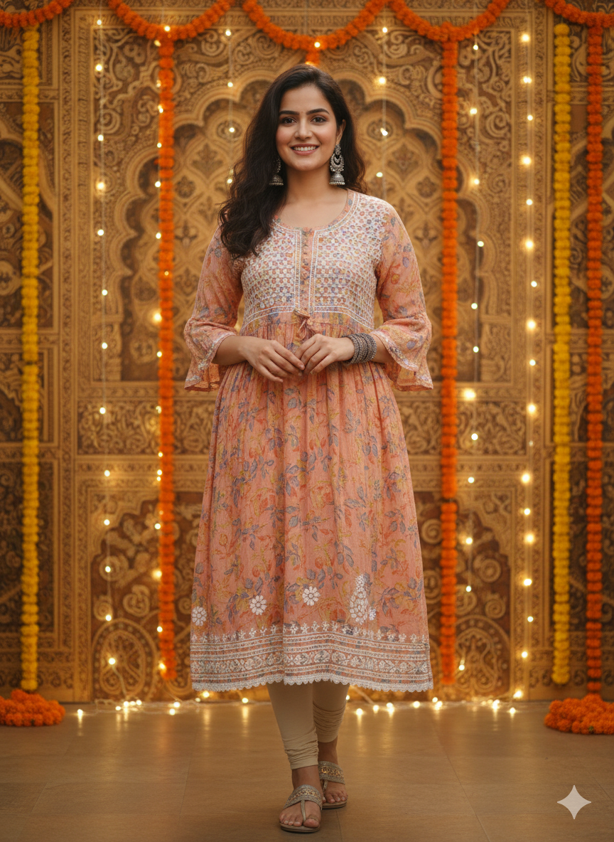 Women’s Peach Floral Printed Cotton Short Kurti with White Hand Chikankari Work, Round Neck, 3/4 Bell Sleeves – Perfect for Casual & Festive Wear