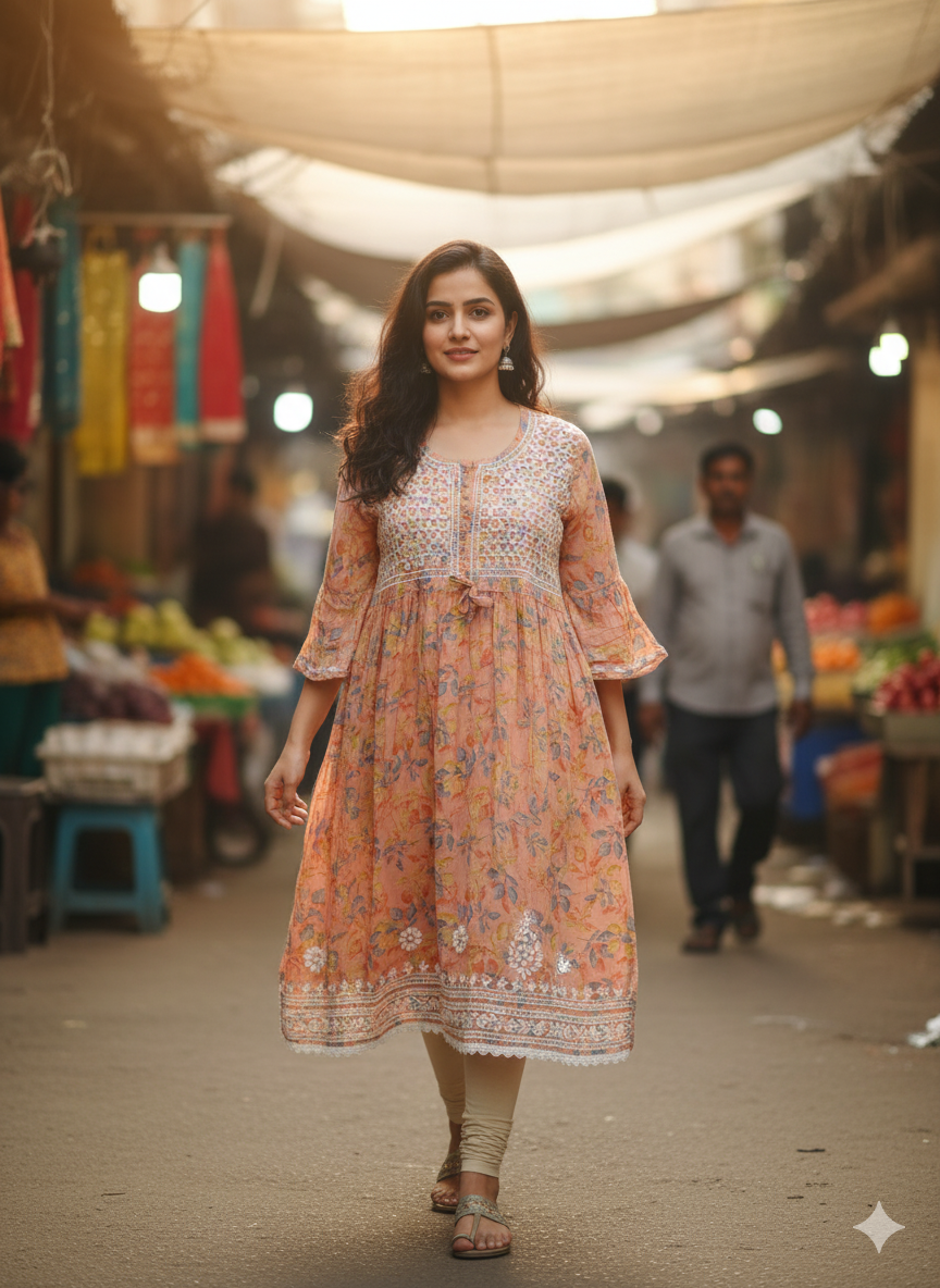 Women’s Peach Floral Printed Cotton Short Kurti with White Hand Chikankari Work, Round Neck, 3/4 Bell Sleeves – Perfect for Casual & Festive Wear