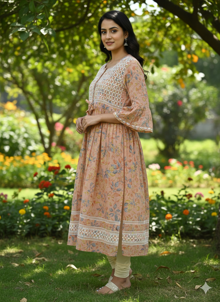 Women’s Peach Floral Printed Cotton Short Kurti with White Hand Chikankari Work, Round Neck, 3/4 Bell Sleeves – Perfect for Casual & Festive Wear
