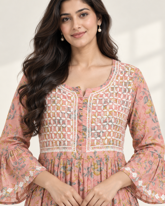 Peach Pink Floral Malmal Chikankari Gown with Kurti-Style Side Slits
