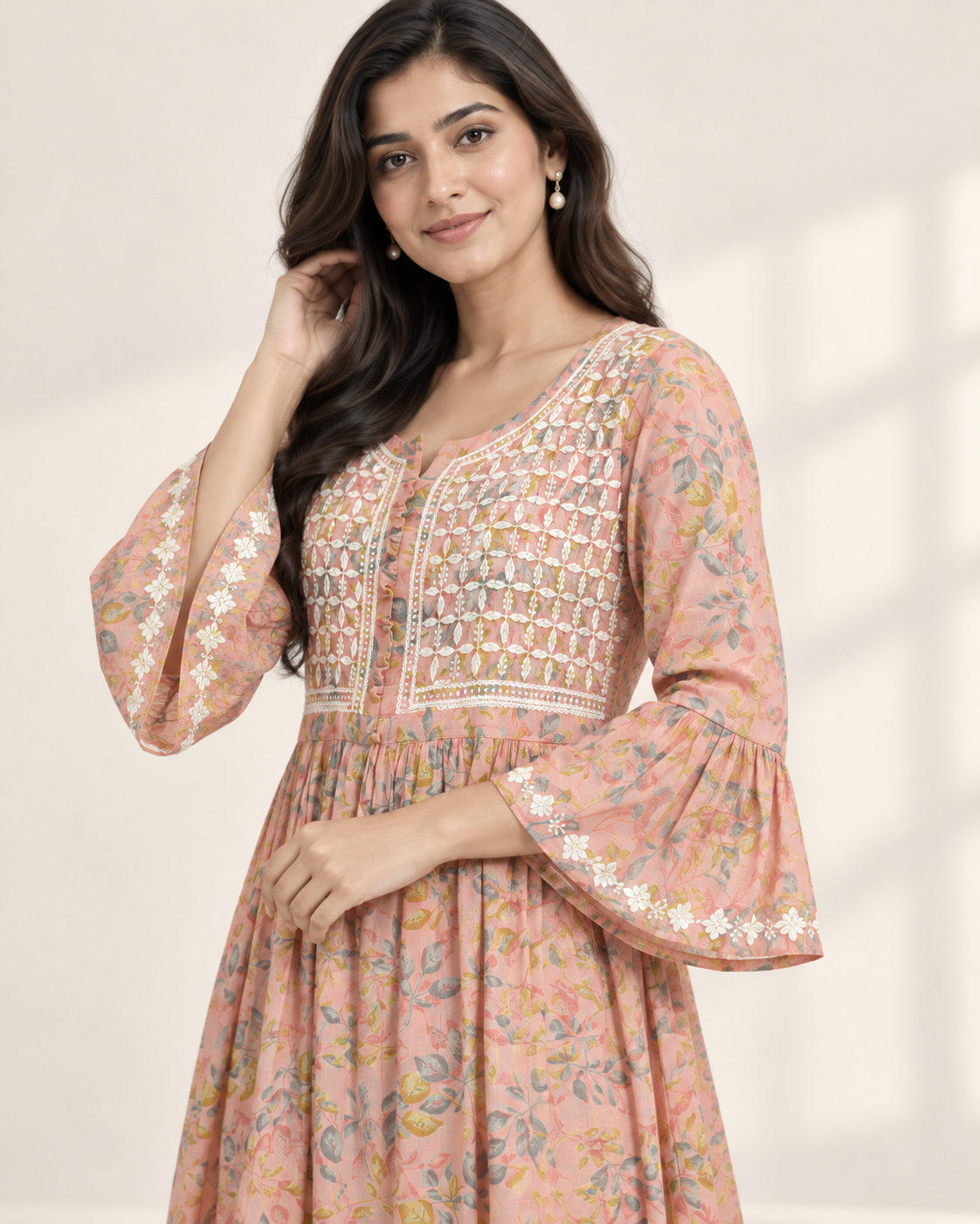 Peach Pink Floral Malmal Chikankari Gown with Kurti-Style Side Slits
