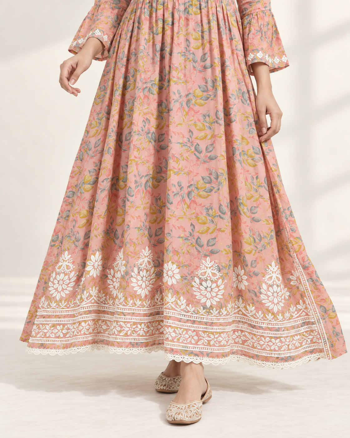 Peach Pink Floral Malmal Chikankari Gown with Kurti-Style Side Slits