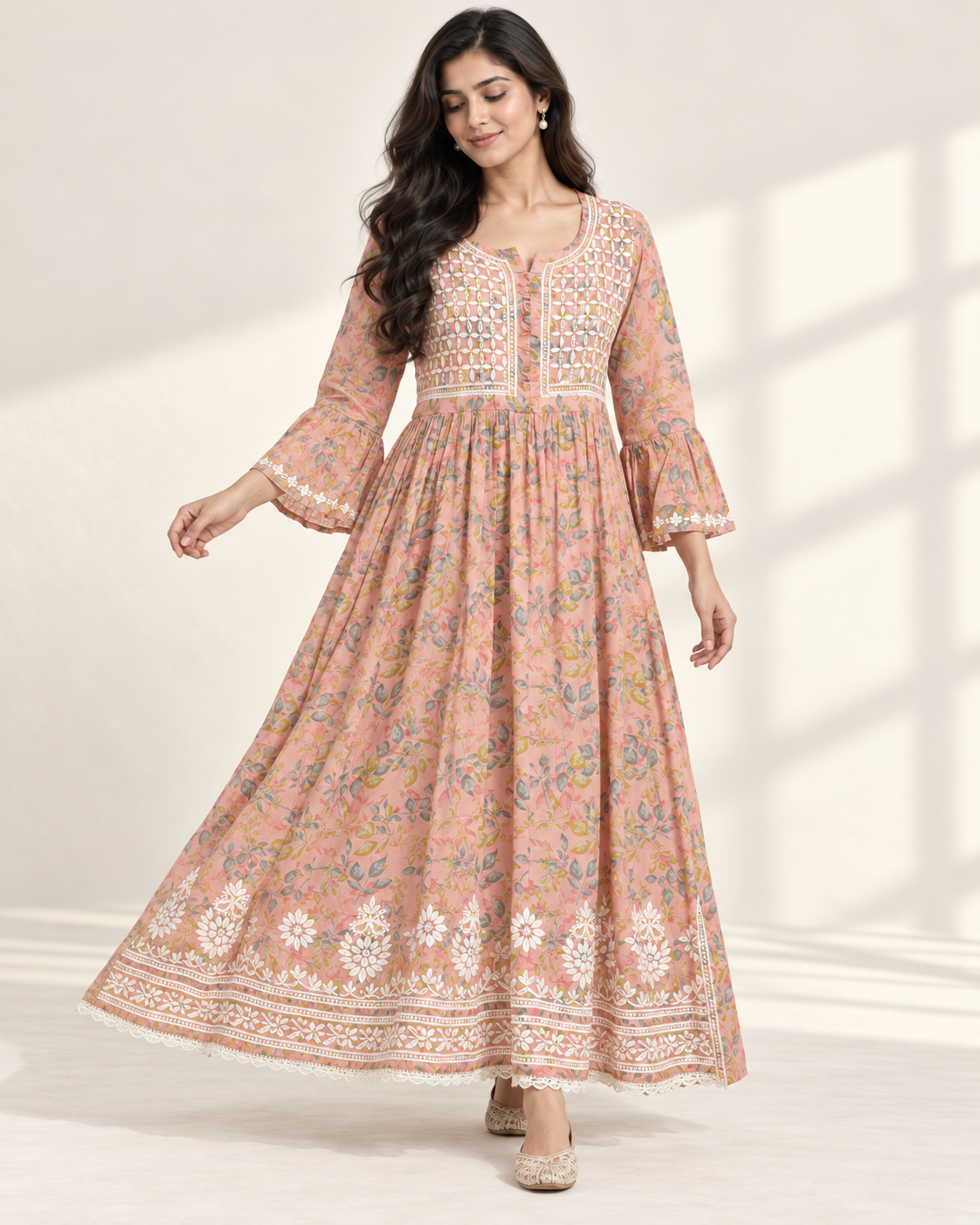 Peach Pink Floral Malmal Chikankari Gown with Kurti-Style Side Slits