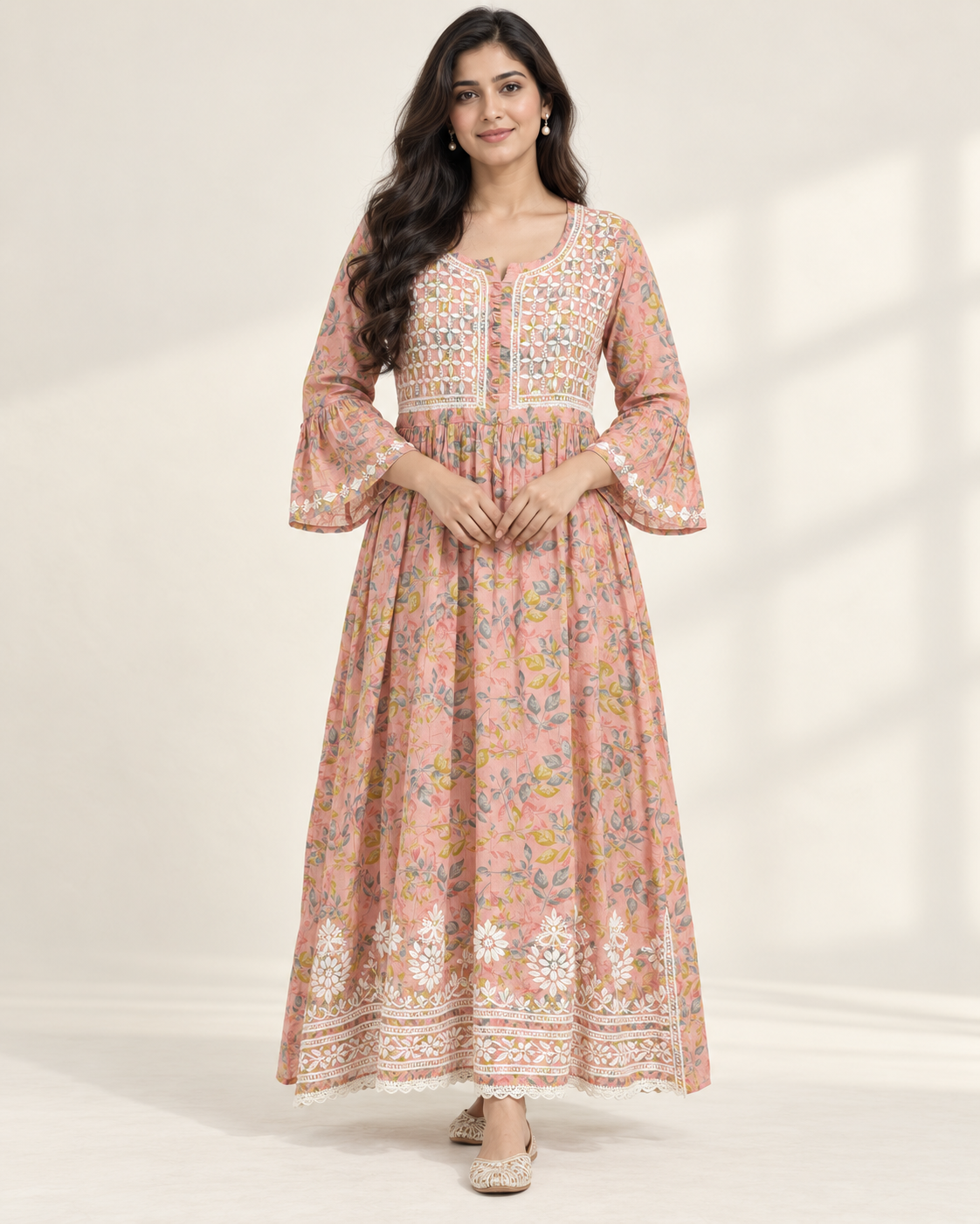 Peach Pink Floral Malmal Chikankari Gown with Kurti-Style Side Slits