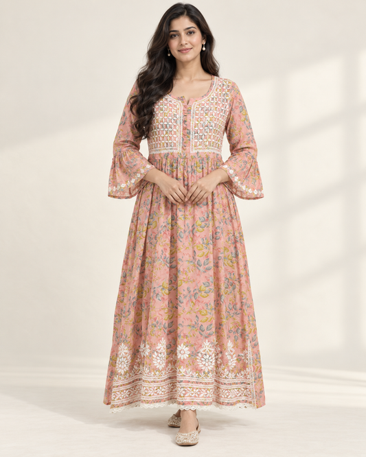 Peach Pink Floral Malmal Chikankari Gown with Kurti-Style Side Slits