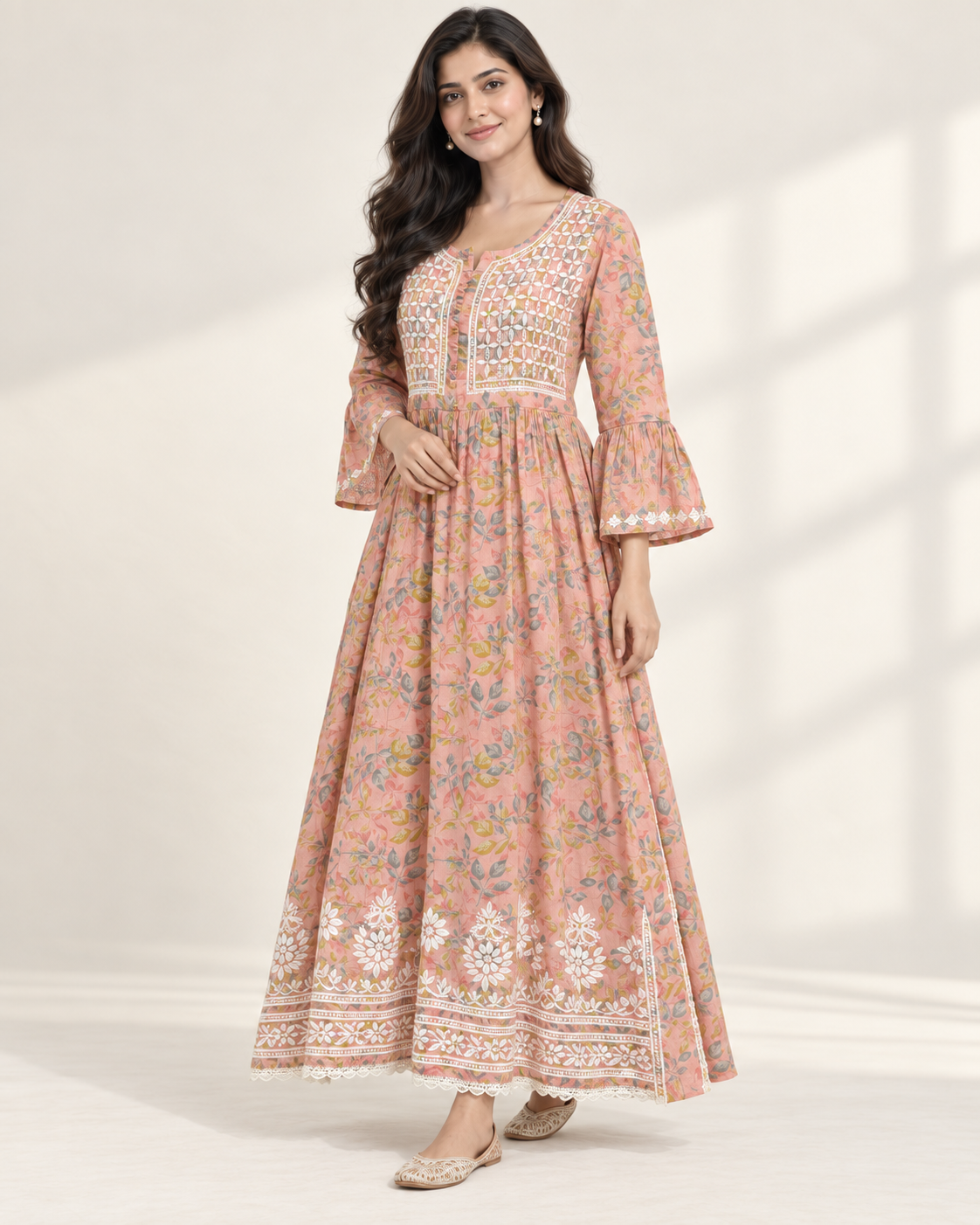Peach Pink Floral Malmal Chikankari Gown with Kurti-Style Side Slits