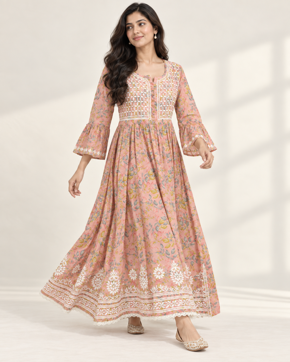 Peach Pink Floral Malmal Chikankari Gown with Kurti-Style Side Slits