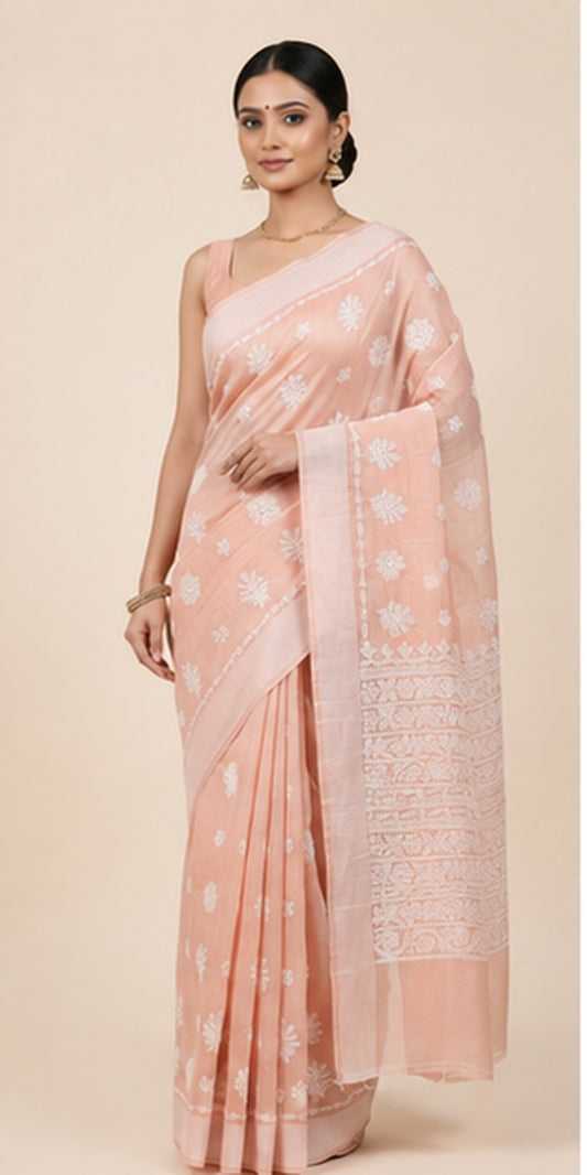 Peach Pink Chanderi Chikankari Saree – Hand Embroidered