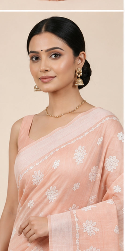 Peach Pink Chanderi Chikankari Saree – Hand Embroidered