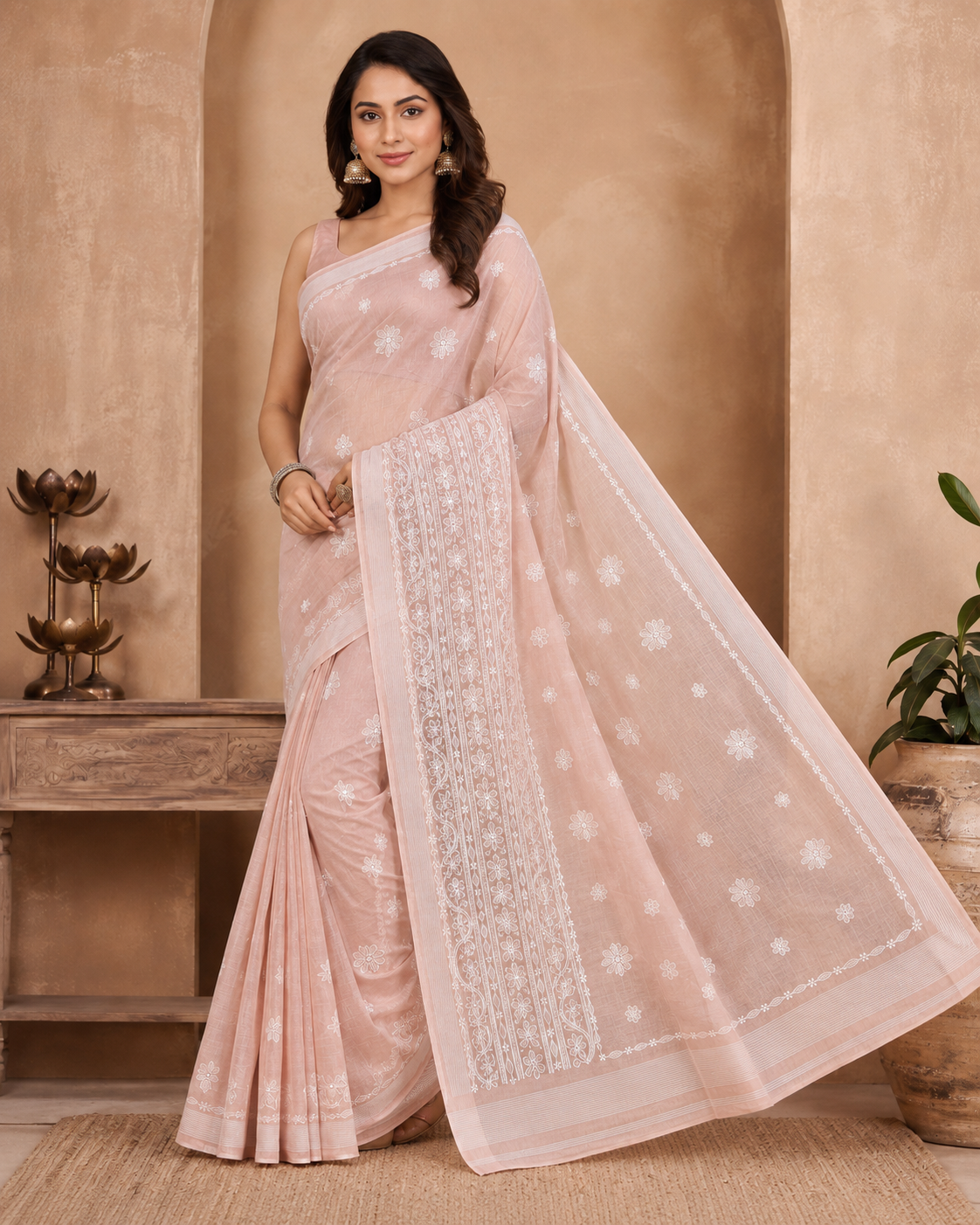 Blush Pink Chanderi Chikankari Saree – Hand Embroidered