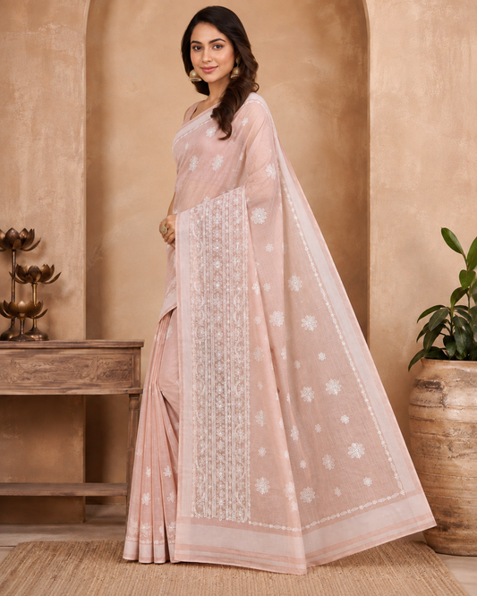 Blush Pink Chanderi Chikankari Saree with white hand embroidery – view 1
