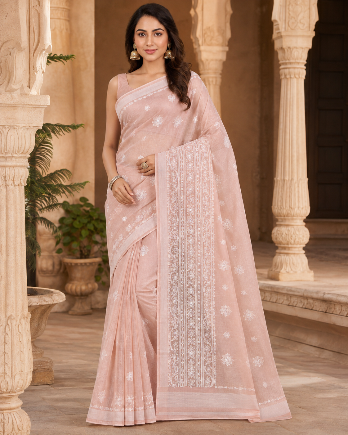 Blush Pink Chanderi Chikankari Saree – Hand Embroidered