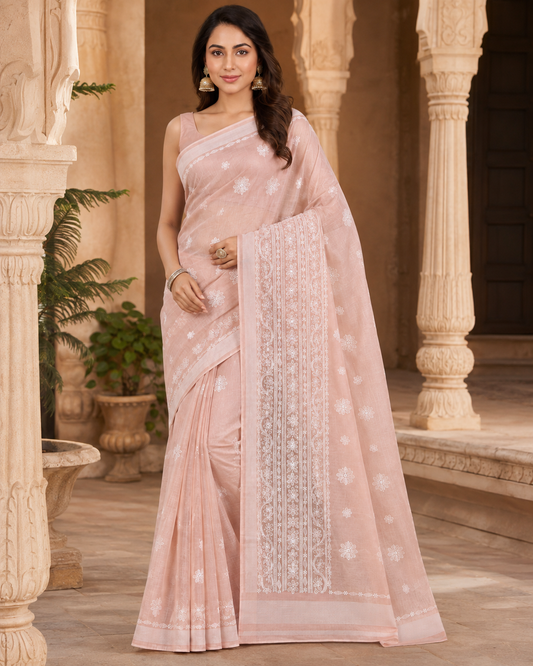 Blush Pink Chanderi Chikankari Saree with white hand embroidery – view 2