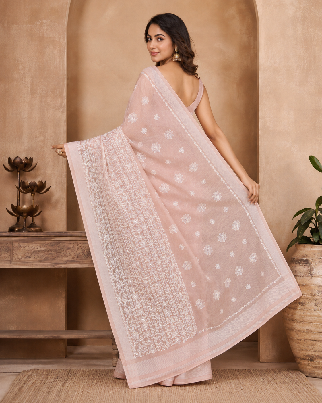 Blush Pink Chanderi Chikankari Saree – Hand Embroidered
