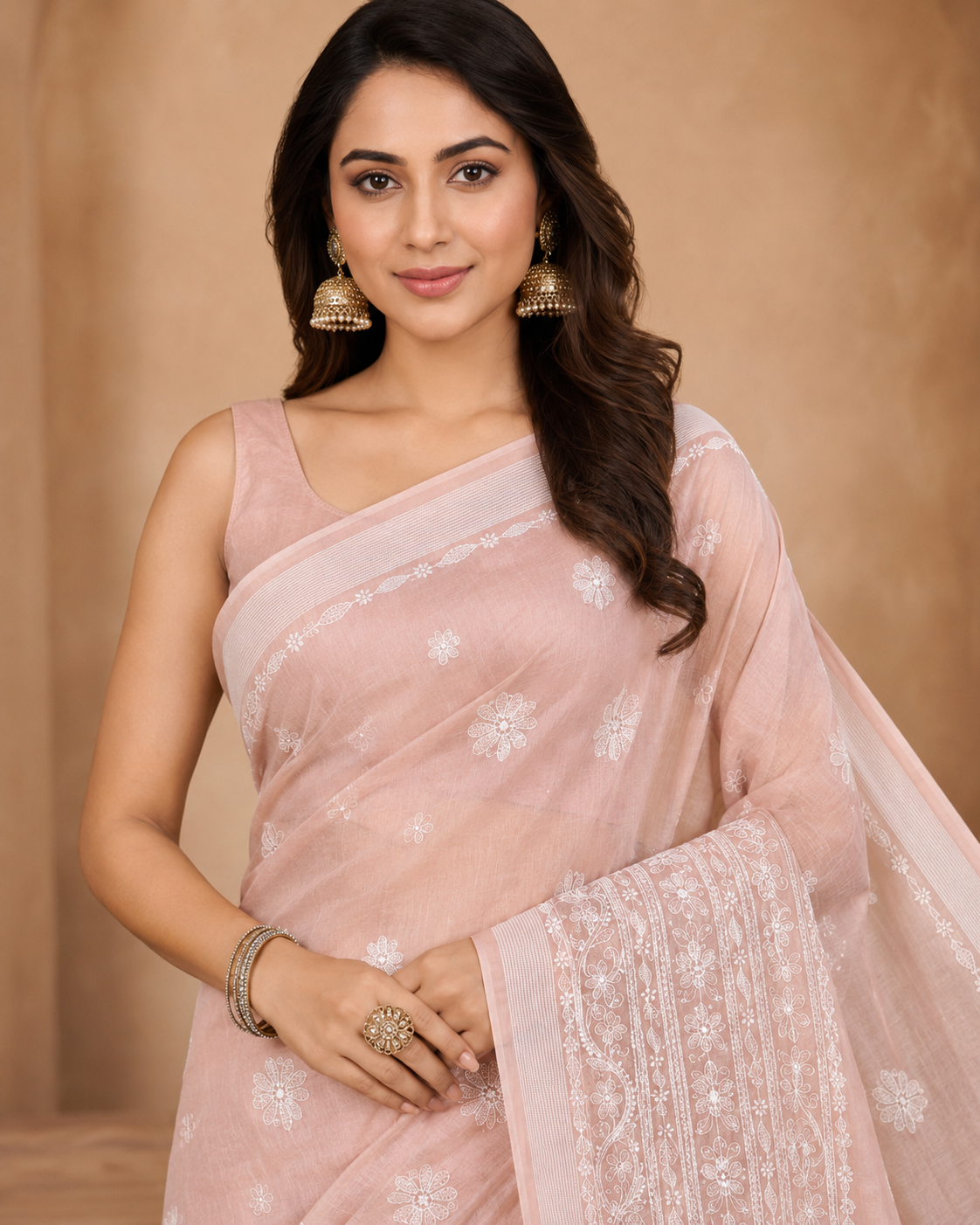 Blush Pink Chanderi Chikankari Saree – Hand Embroidered