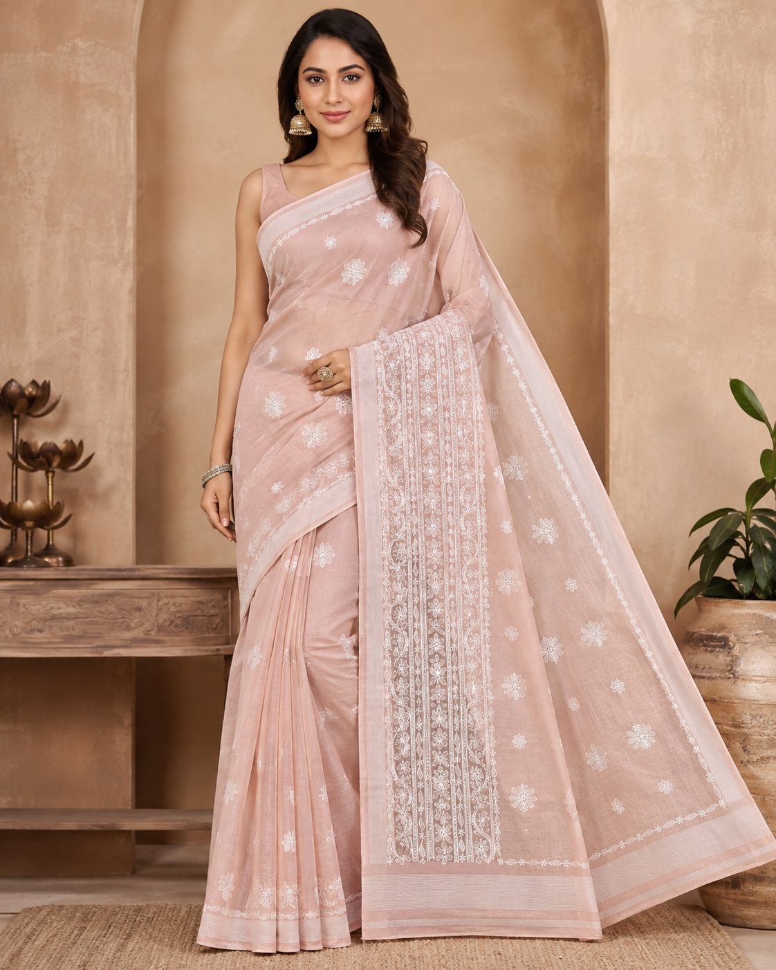 Blush Pink Chanderi Chikankari Saree – Hand Embroidered